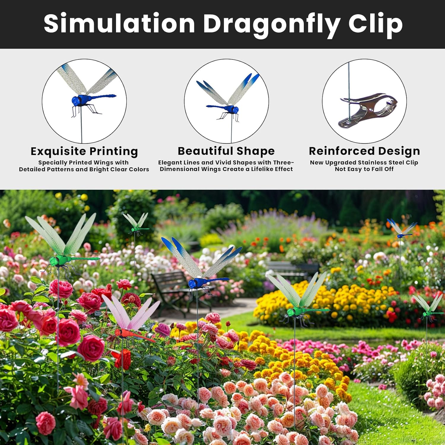 Dragonfly Clip,3D Dragonfly Garden Stakes Decor,Fly Deterrent,Dragonfly Humming Bird Stakes,Deer and Horse,Bird and Fly Scare Devices for Indoor Outdoor Garden (8pcs)