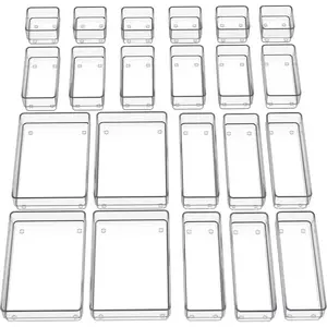 22-Piece Drawer Organizer with Non-Slip Silicone Pads, 4-Size Clear Desk Drawer Organizer Trays Storage Tray for Makeup, Jewelries, Utensils in Bedroom Dresser, Office and Kitchen, Clear