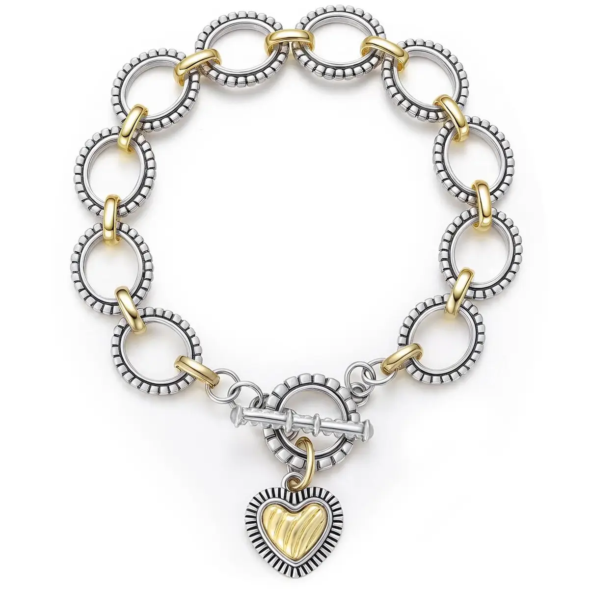 Mytys Heart Pendant Bracelet Two Tone Vintage Symbolic Stackable Fashionable Jewelry Accessories Gift for Love Anniversary or Mothers Day