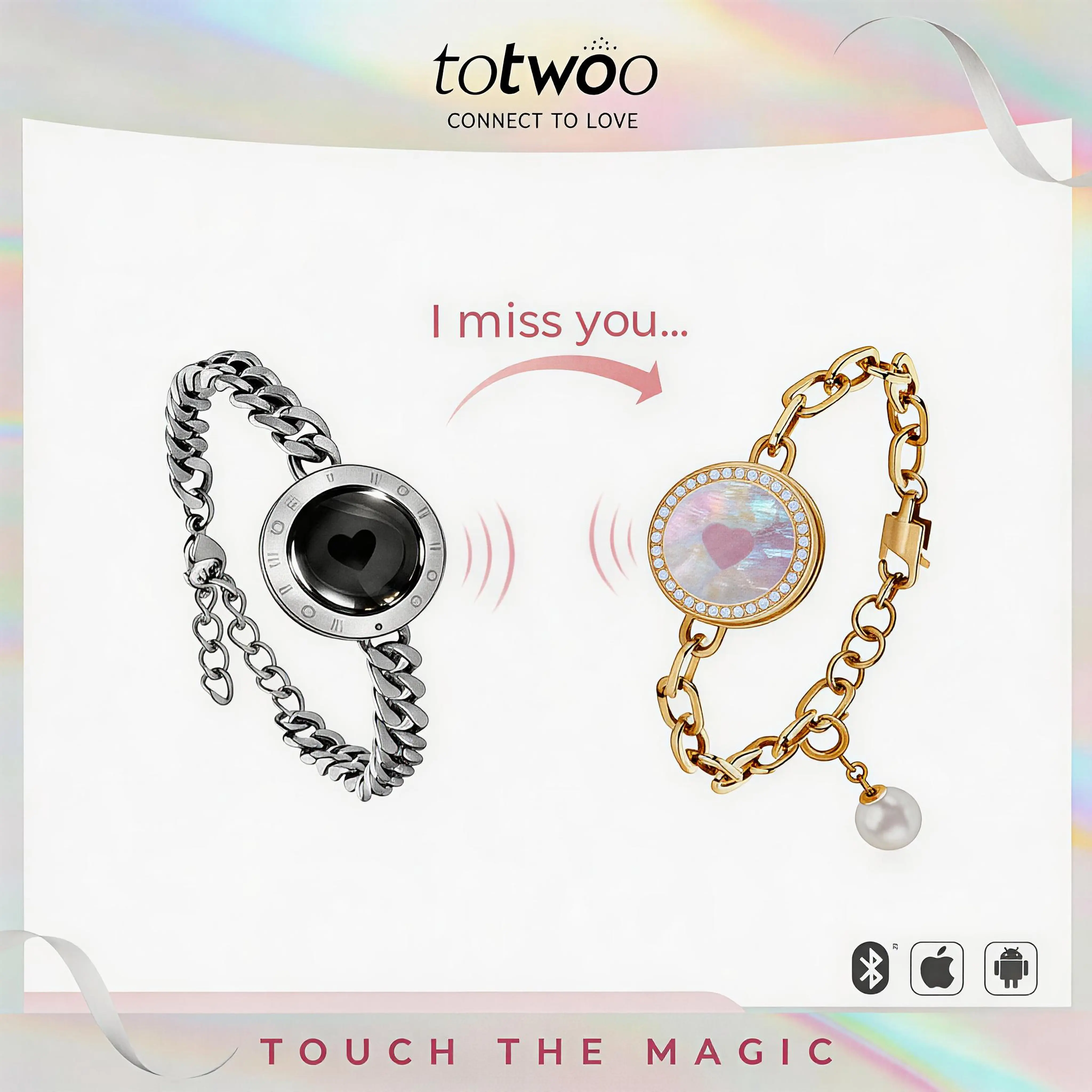 TOTWOO Couples' Long Distance Touch Bracelets - Women's Fashion Smart Jewelry, Light-Up & Vibration Features, 1-to-1 Bluetooth App Pairing, Romantic Gift for Girlfriend