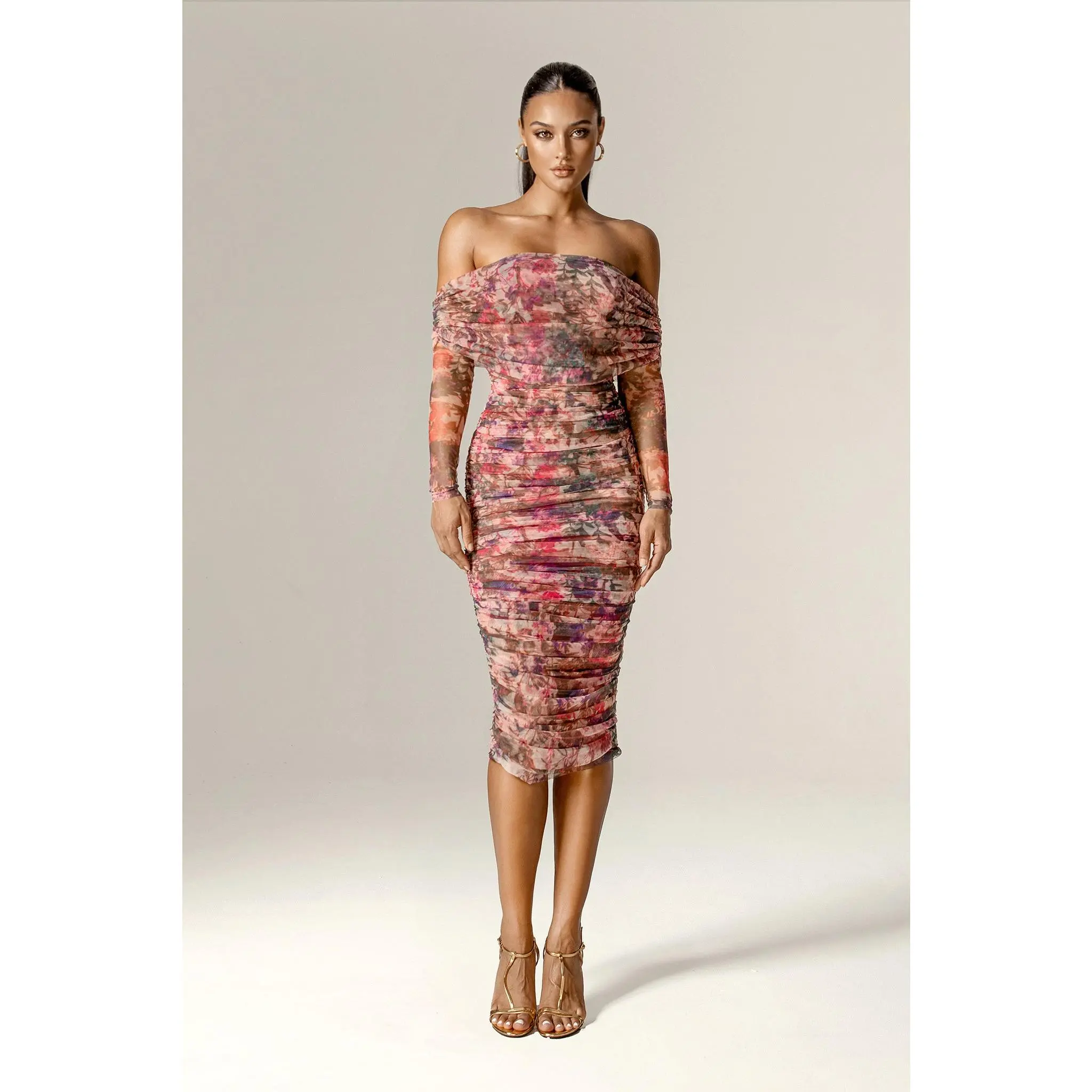 Hayley Off-Shoulder Mesh Midi Dress - Crimson Garden - Stretchy Ruched Bodycon Dress with Built-In Underwire Bra - Stretchy & Shapewear Fit - Elegant Dress for Weddings, Date Nights & Evening Party - Womenswear Fashion