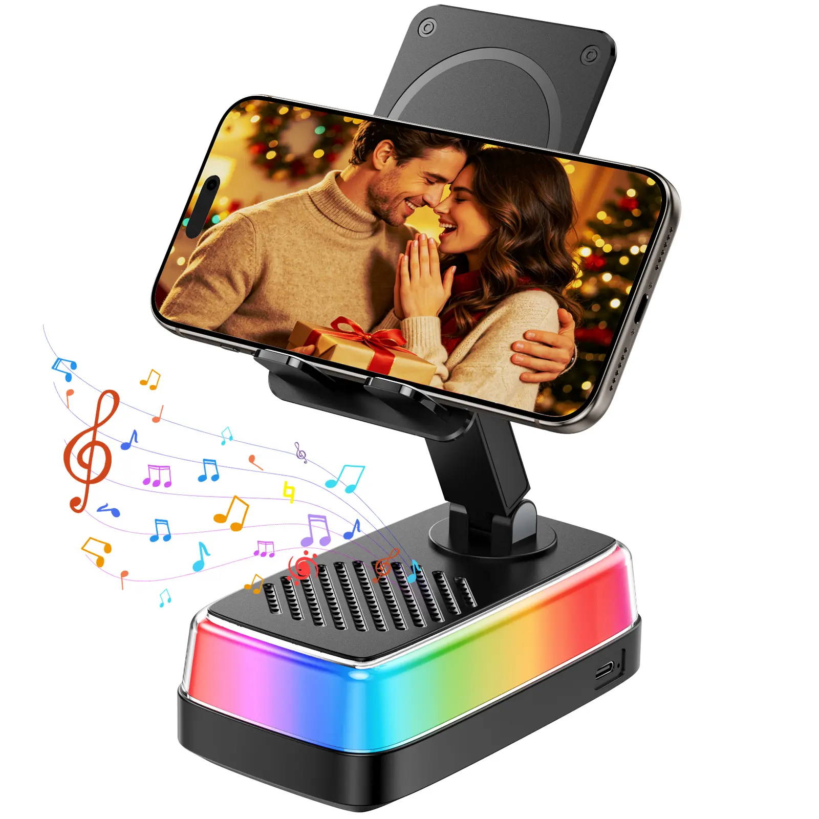 EATOP Wireless Induction BT5.3‑Compatible Smartphone Speaker, 360° Adjustable Foldable Phone Holder, 3000mAh Emergency Power Supply, Colorful RGB Ambient Light, Stereo Audio Amplifier, Birthday Holiday Gifts For Men Women Dads