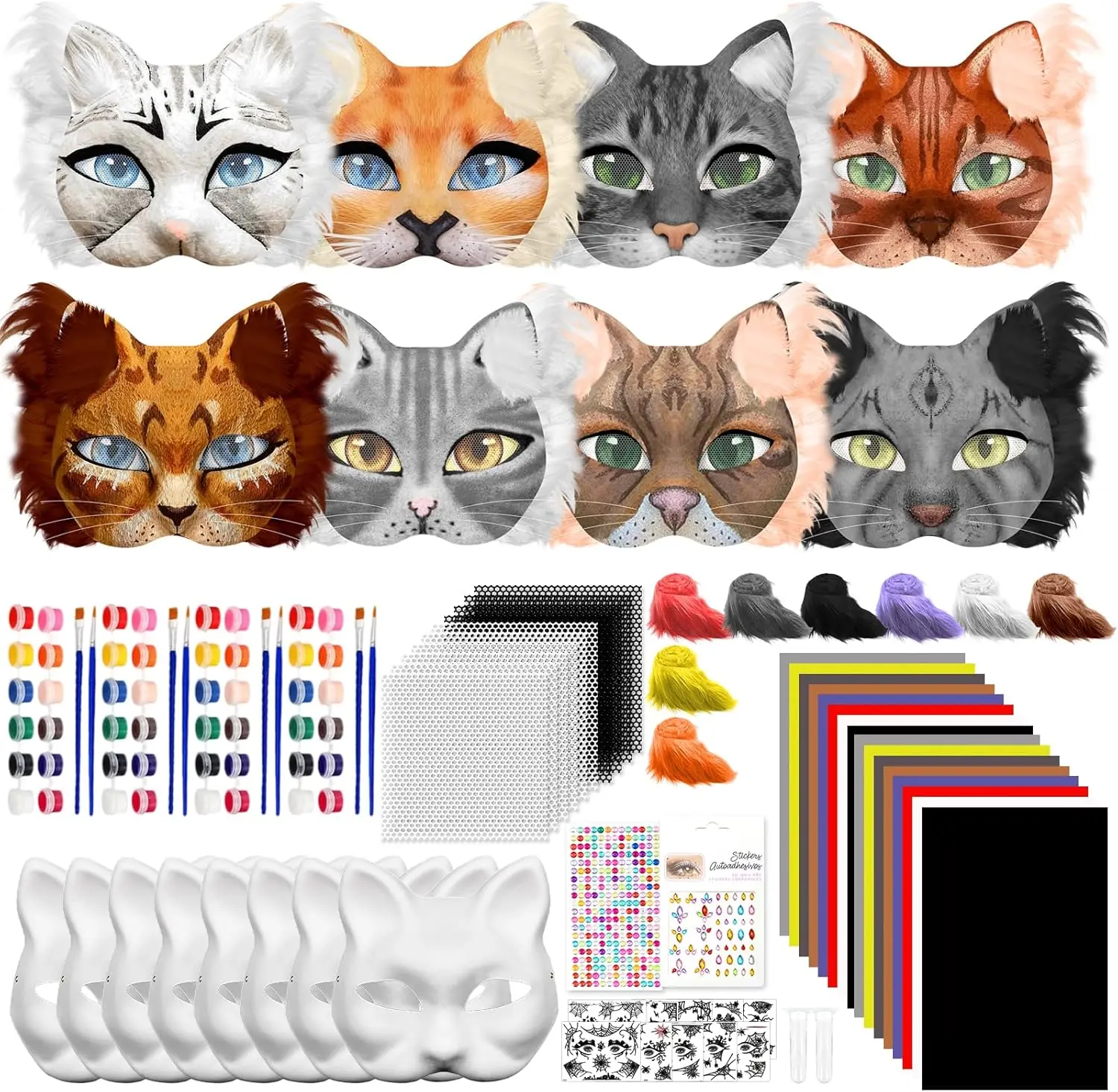124 PCS DIY Therian Cat Mask Kit Furry Masks with Fur Eye Mesh Stickers for Christmas Easter Crafts Masquerade Cosplay Dress Up Party