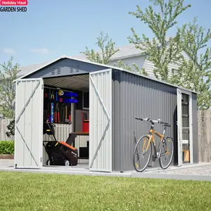 Hohuqeri 10x12 Ft Outdoor Storage Shed, Extra Large Metal Shed with Lockable Doors,  Tiny House Ideal for Garden, Backyard, Patio Utility,  slop robust hinge bicycle Storage Shed grey dark sauna dry shedsale tool air vent double roof shed outdoor storage