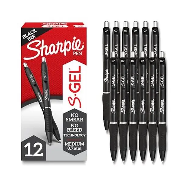Sharpie S-Gel Gel Pens, Black Barrel, Medium Point (0.7mm), Black Gel Ink, 12 Count - Home, Office, School, Journaling, Writing, Note-Taking, Teacher Supplies