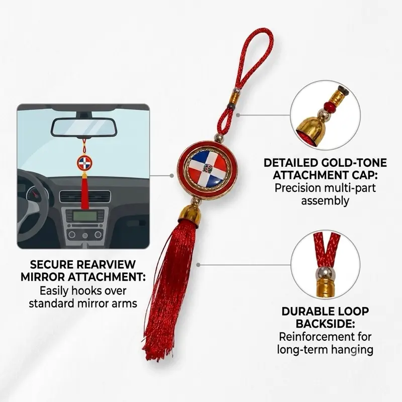 Dominican Republic Red Car Mirror Hanging Decoration with Gold-Tone Attachment Cap and Durable Loop Backside Souvenirs