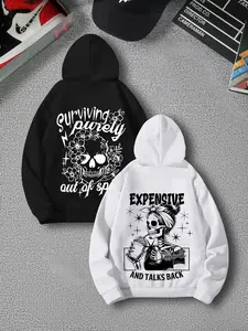Women's Halloween Letter Skull Print Hoodie Set, Fall & Winter Street Style Long Sleeve Drawstring Sweatshirt, Casual Loose-Fitting Two-Piece