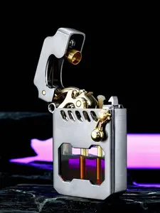 (Fuel Not Included) Vintage Trench Lighter, Metal RockerLighters, Kerosene Lighter, Windproof Copper Lighters withTransparent Oil Tank for Men Dad Husband fire