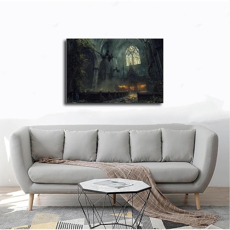 Abandoned Gothic Cathedral Wall Art – Dark Haunted Church Print – Black And White Vintage Horror Decor Canvas Wall Art Print Poster For Home School Office Decor