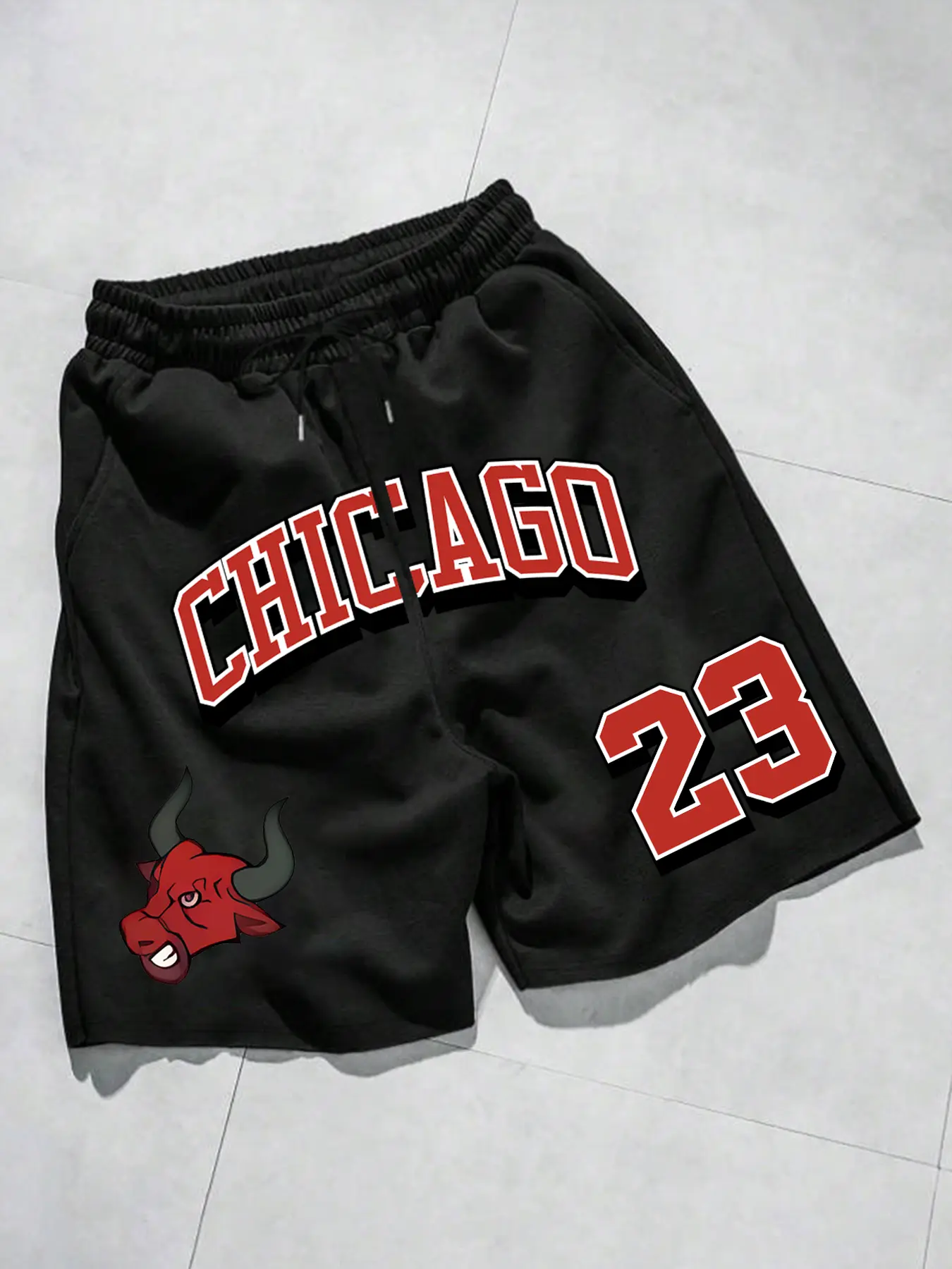 Men's Sporty Casual Sweat Shorts, Chicago Print, Drawstring Waist, Pockets, Comfortable Fabric, Perfect for Court & Street Style, Casual Sports Shorts