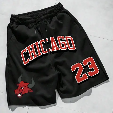 Men's Sporty Casual Sweat Shorts, Chicago Print, Drawstring Waist, Pockets, Comfortable Fabric, Perfect for Court & Street Style, Casual Sports Shorts