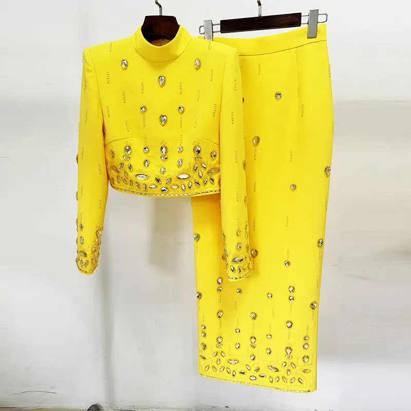 Fashion New Heavy Industry Beads Diamond Inlaid Short Top Long Skirt Suit