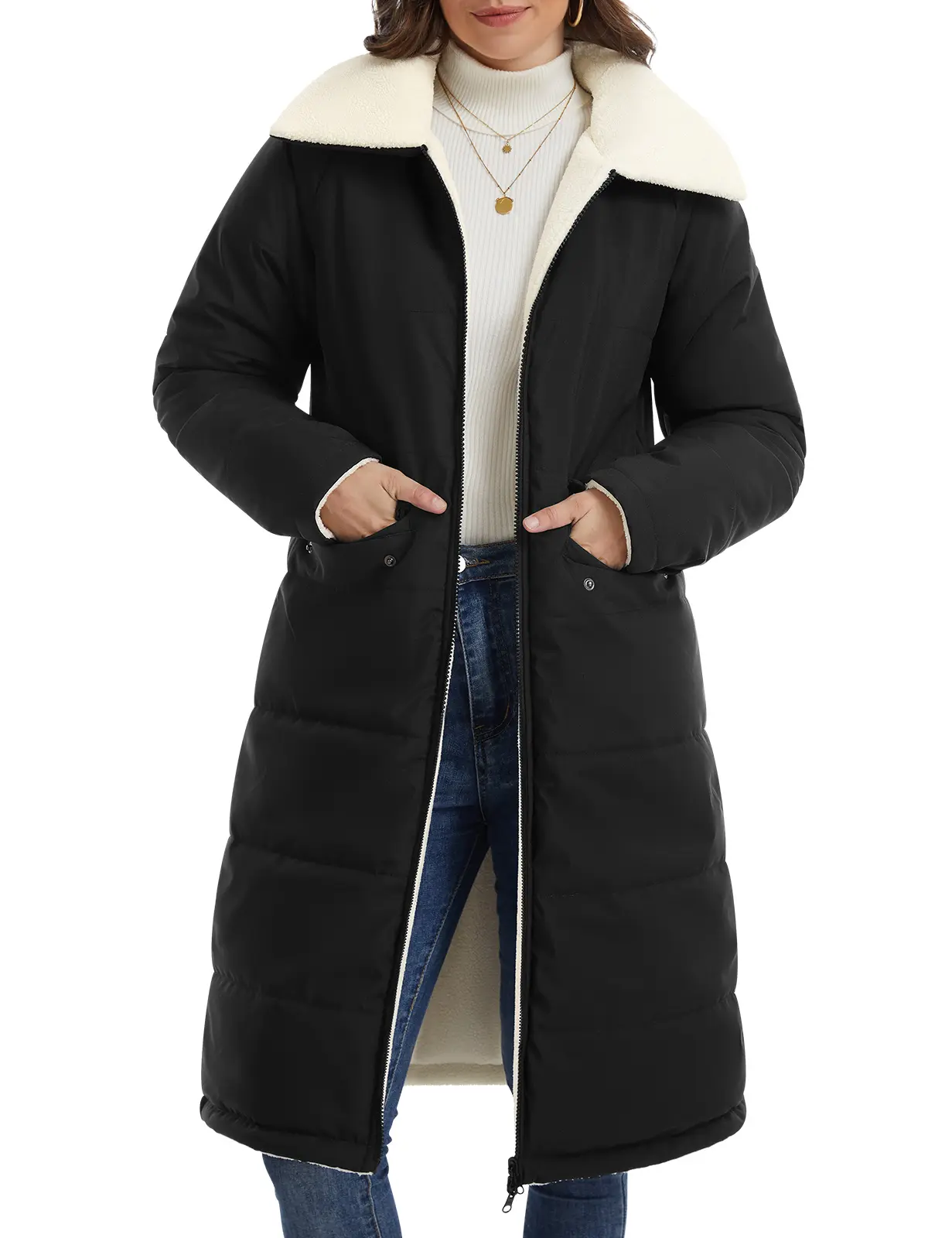 FASHORA Women's Long Sherpa-Lined Puffer Coat, Lapel Collar Winter Warm Jacket, 2-Way Zipper Water-Repellent Padded Coat with Multi Pockets for Cold Weather Women's Tops