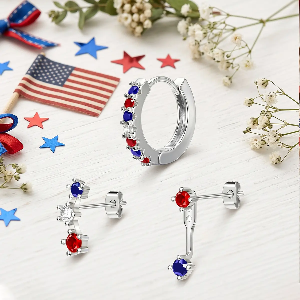 Fashionable Dainty Small 4th of July  Earring-  Huggie Hoops/ Ear Jackets/Ear Climbers on Independence Day Holidays - Birthday & Anniversary Gifts