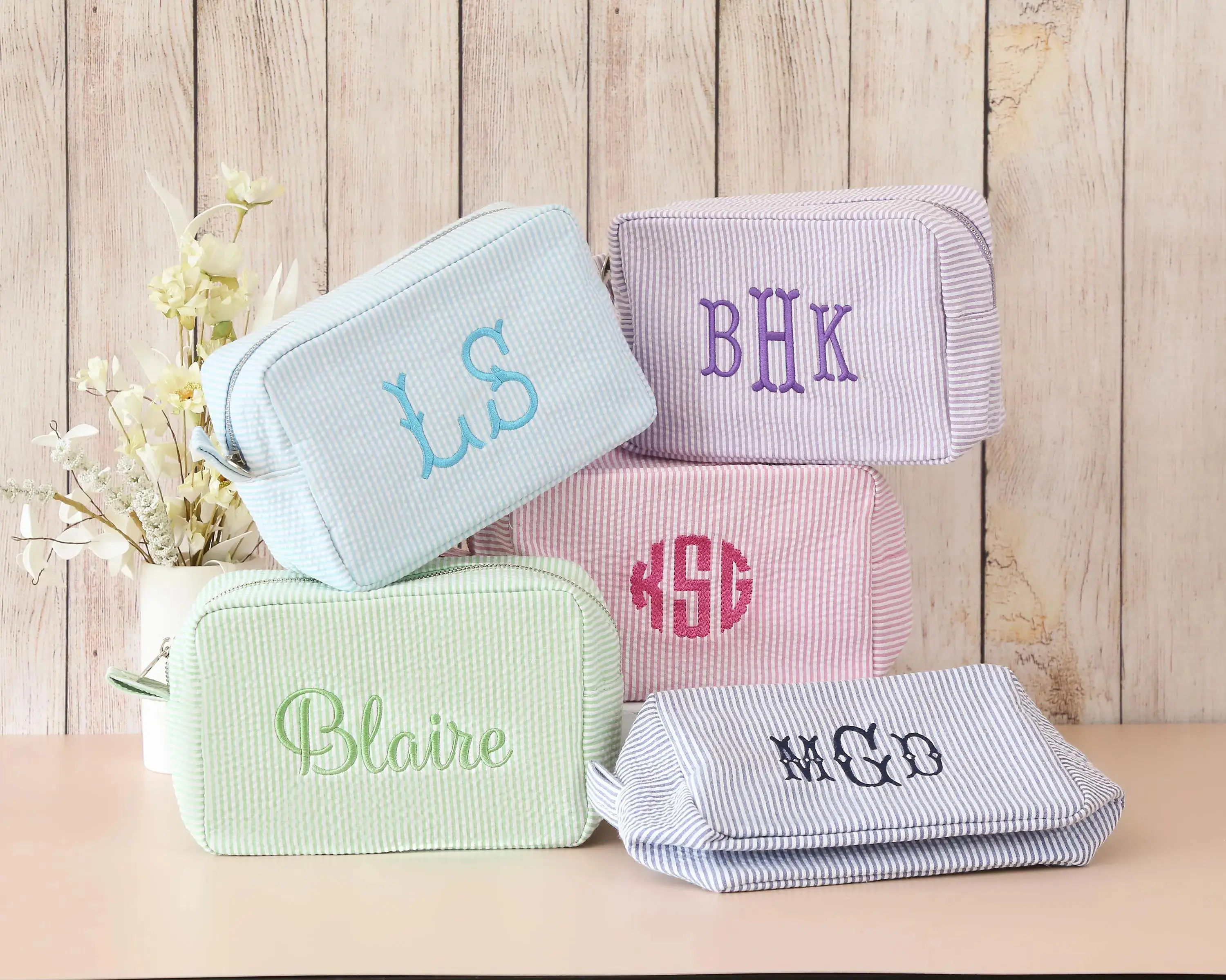 Seersucker Makeup Bag, Elegant Seersucker Makeup Bag, Embroidered Makeup Bag, Bridesmaid Gift