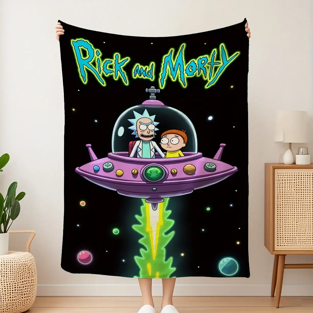 RICK AND MORTY Themed Flannel Blanket - Cozy Throw with Vibrant Cartoon Design, All-Season Multi-Use for Office Naps, Living Room & Camping Adventures - Perfect Gift for Christmas, Thanksgiving, Independence Day, Cartoon Character Throw, Durable Comfort