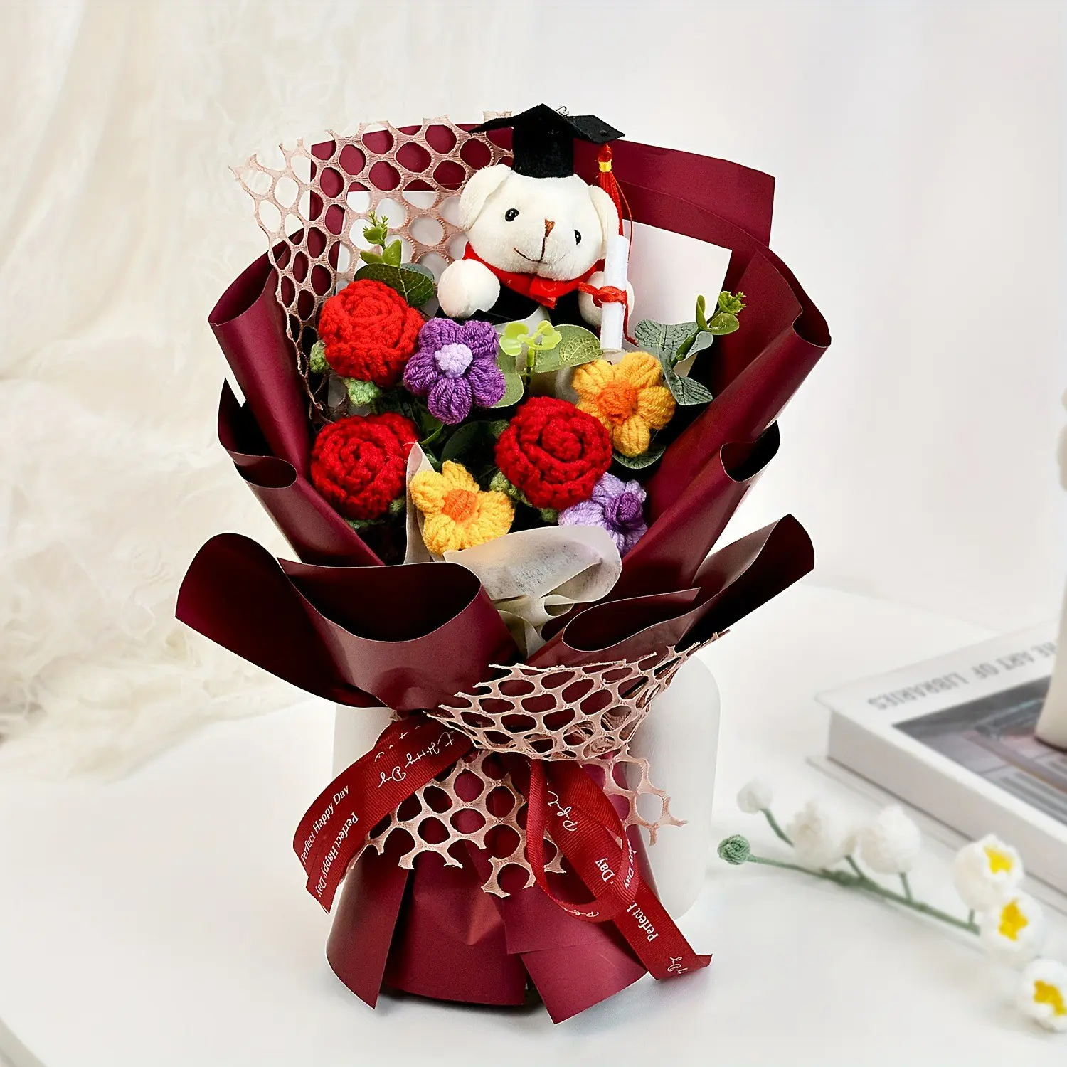 Cute Handmade Yarn Flower Bouquet, Fake Flowers Bouquet, Artificial Flower Bouquet, Decorative Faux Flowers, Perfect Gift for Friends' Birthdays, Classmates' Graduation Surprises, Special Occasions, Knitted Rose Bouquet