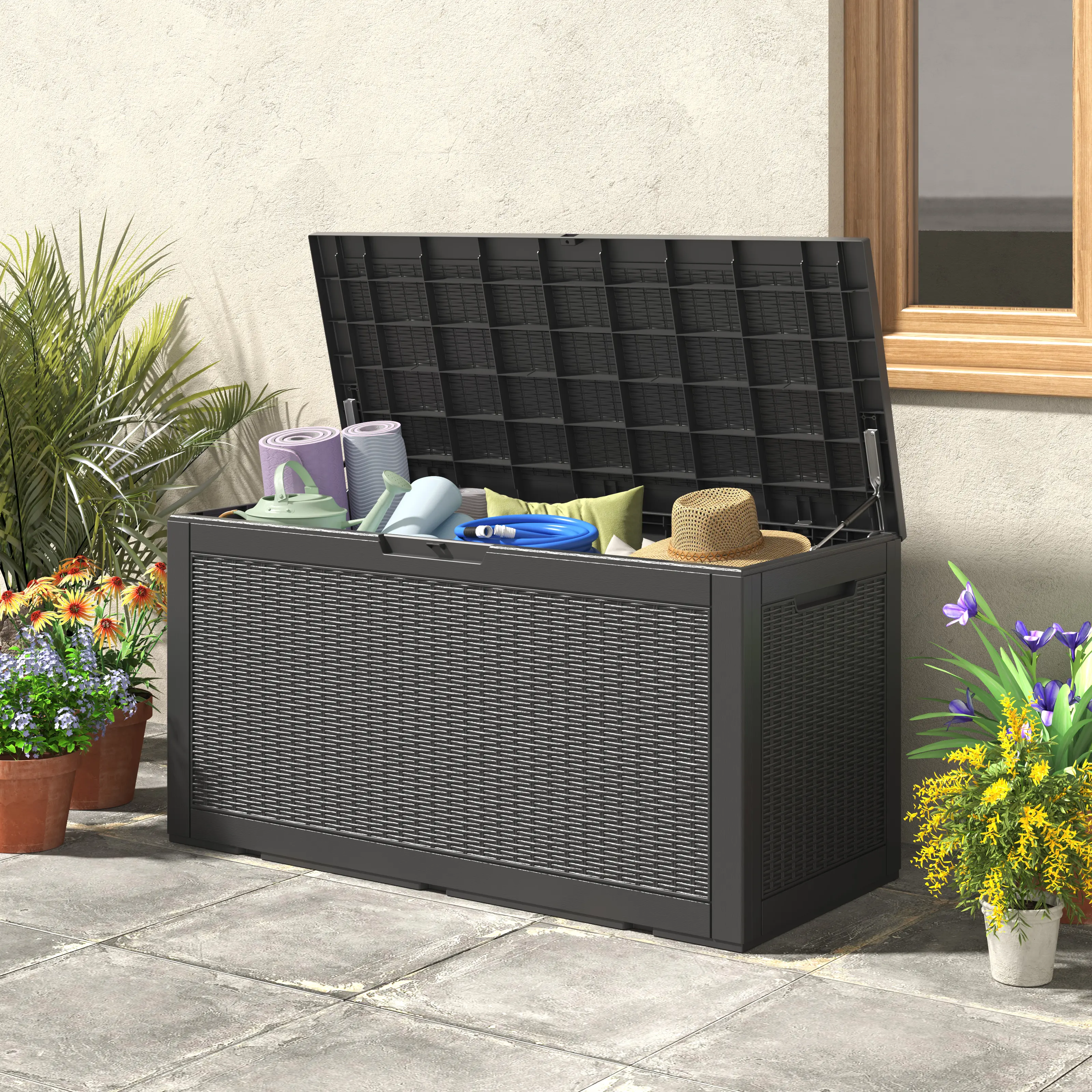 BIFANUO 100 Gal Rectangle Plastic Outdoor Storage Box with Cover, Waterproof All-Weather Protection, Pre-Locking Mechanism for Secure Poolside Safety Organization (Black)