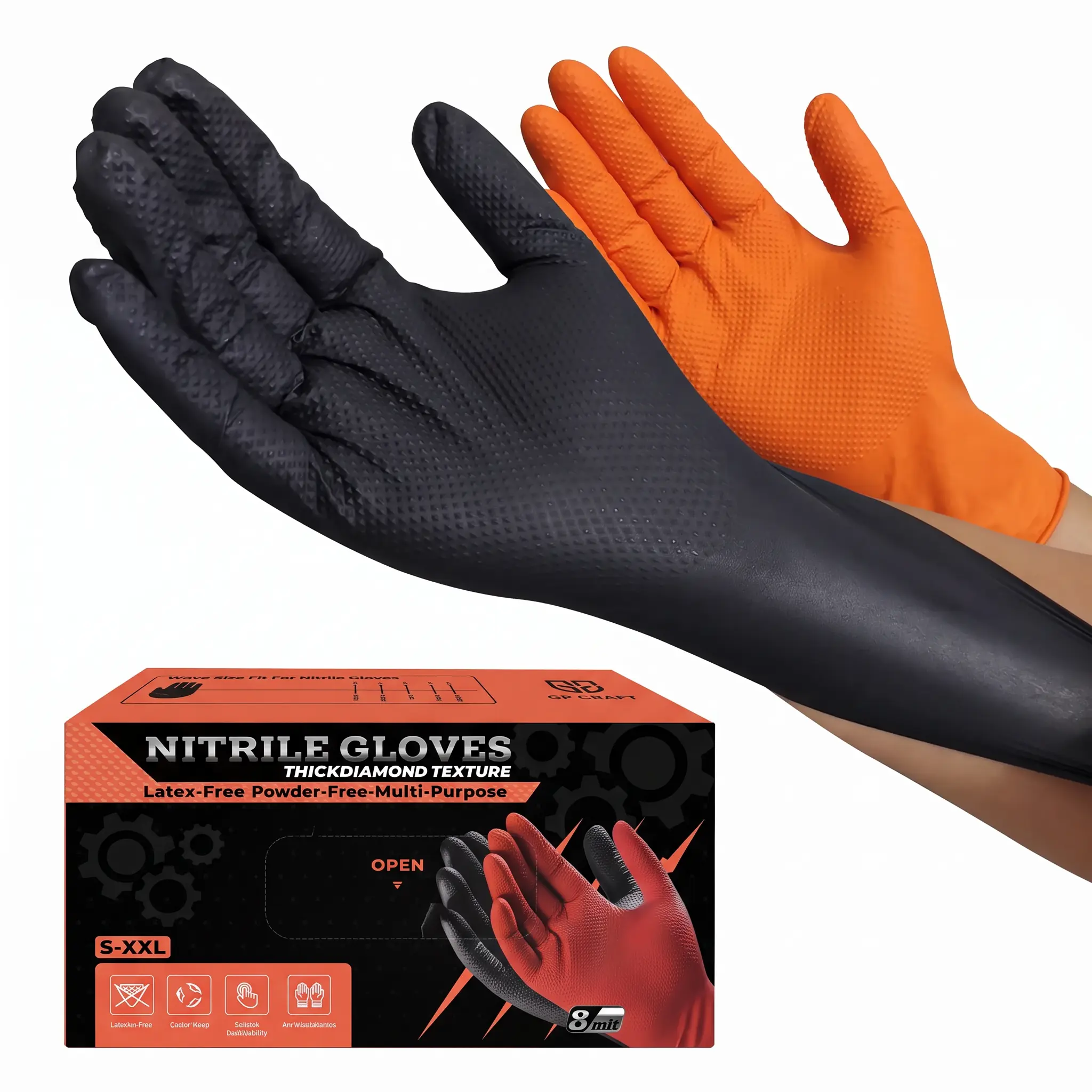 Heavy-Duty 8 Mil Black Nitrile Disposable Gloves with Diamond-Textured Grip Latex-Free Powder-Free 50 Gloves Per Box for Industrial Food & Home Cleaning