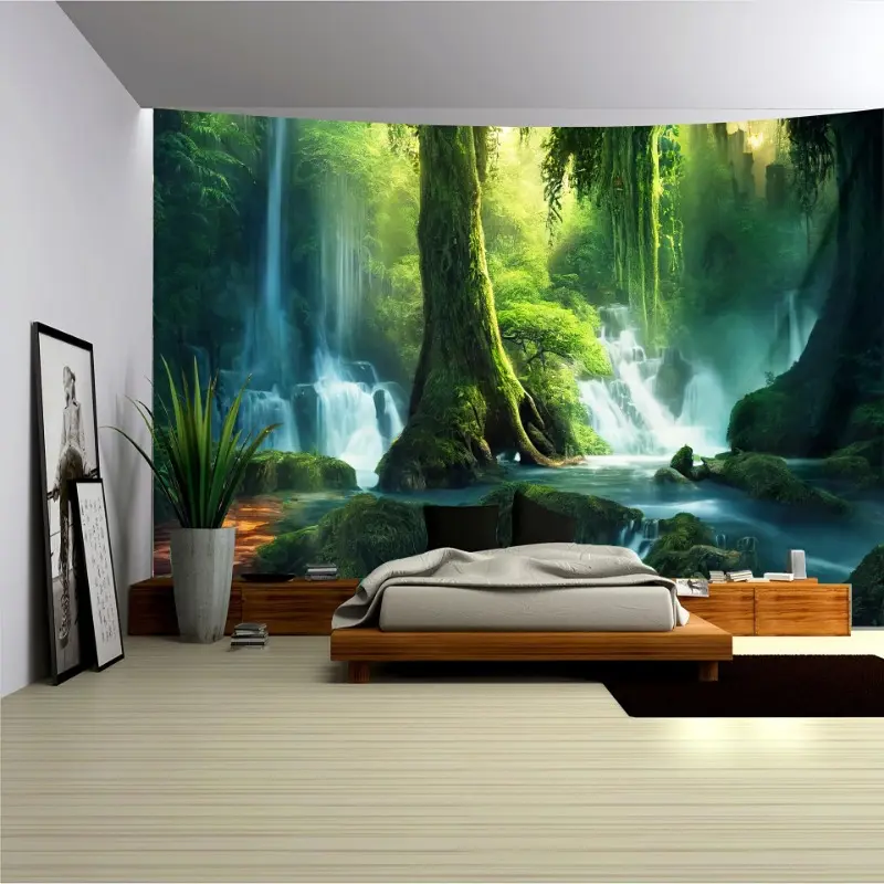 Vibrant Tropical Rain Forest Landscape Polyester Tapestry - Wall Hanging Decor for Living Room, Bedroom, Office, and Party  Decoration Home Dorm Design