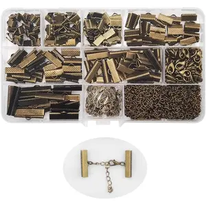 INSPIRELLE 100 Sets Assorted Size Bronze Ends for Ribbon Bracelet Bookmark Making Crimps Kit with Lobster Clasps and Chain Extenders