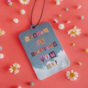 Heaven is Cheering You On Car Air Freshener with Colorful Text Design and Clouds Background Interior Aromatic Citrusy Scent Aromatic Floral Vanilla Scented