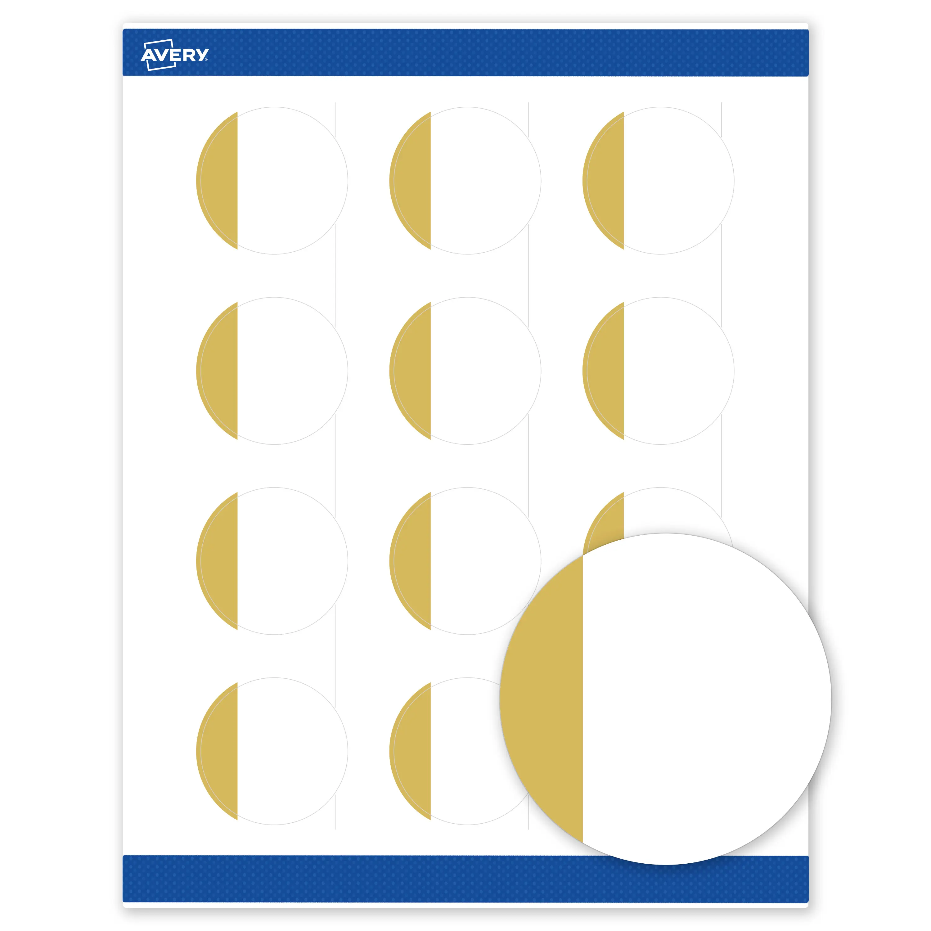Avery Printable Round Labels with Sure Feed Technology, Dipped Gold Edge Design, 2" Diameter, Matte White Permanent Labels, Laser/Inkjet, 120 Total, Great for Product Labels