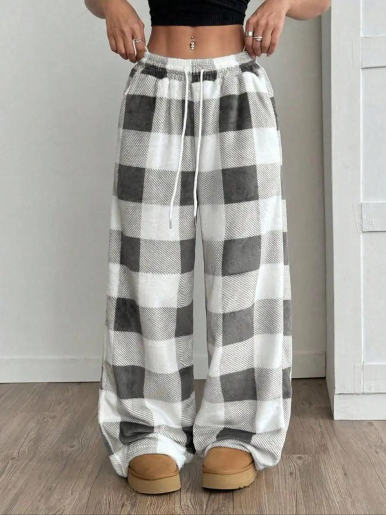 Women's Plaid Wide Leg Pants, High Waist Drawstring Design, Comfortable Loose Fit, Vintage Style, Casual Home Wear, Casual Minimalist Trousers, Casual Comfy Pocket Trousers, Casual Style Bottoms
