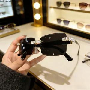 Women’s Rhinestone Decorated Rimless Rectangle Sunglasses, Y2K Trendy Fashion Shades with UV400 Protection, Lightweight Stylish Eyewear Perfect for Daily Wear, Beach, Travel & Outdoor Activities