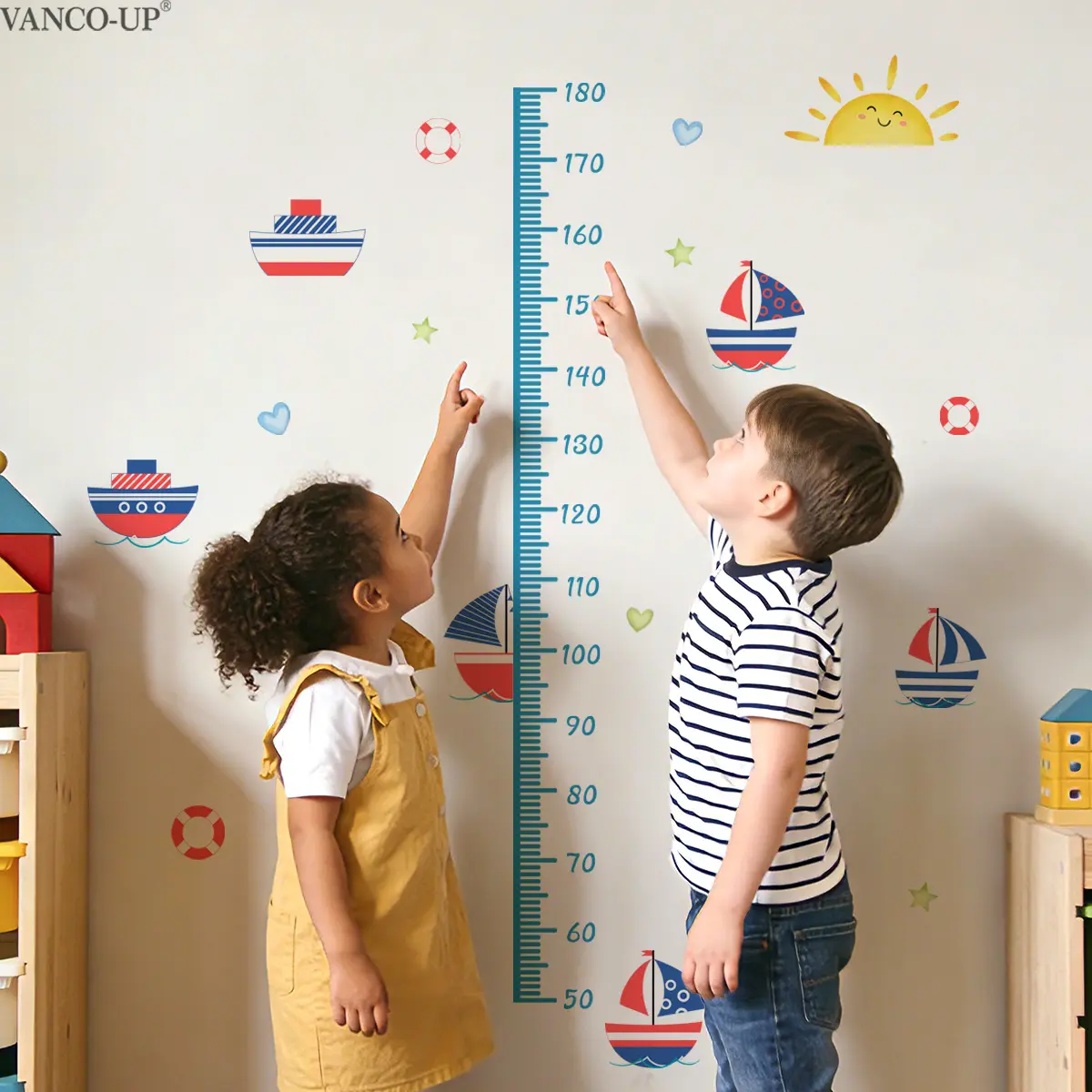 Set of 2 Pcs 30×60cm Nautical Sailboat Height Wall Sticker Set Kids Height Growth Chart Ocean Style Bedroom Decor Stickers