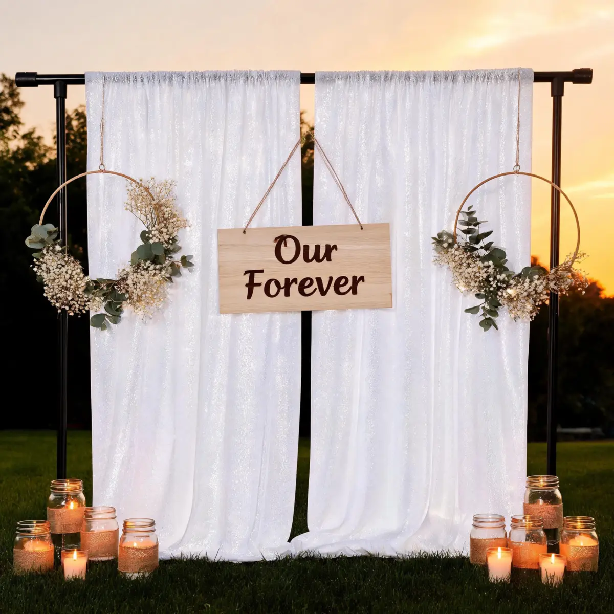 Glittering White Sequin Curtain Backdrop - 1 Piece Polyester Rod Pocket Round Design (4x8FT), Home & Festive Supplies for Christmas, Baby Shower, Ceremony Party Wall Decor