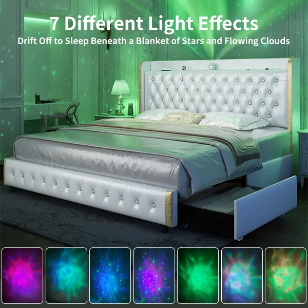 【DealsForYouDays】GEGOFORU Queen LED Bed Frame with Galaxy Projector, Bluetooth Speaker & USB Charging, 4 Storage Drawers, RGB Light Upholstered Platform Bed, PU Leather Headboard, No Box Spring Needed#SummerVibes