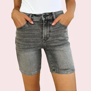 Judy Blue Mid Rise Grey Washed Bermuda Denim Shorts 150230 Stretchy Cotton Denim Womenswear Basic Comfortable Bottom