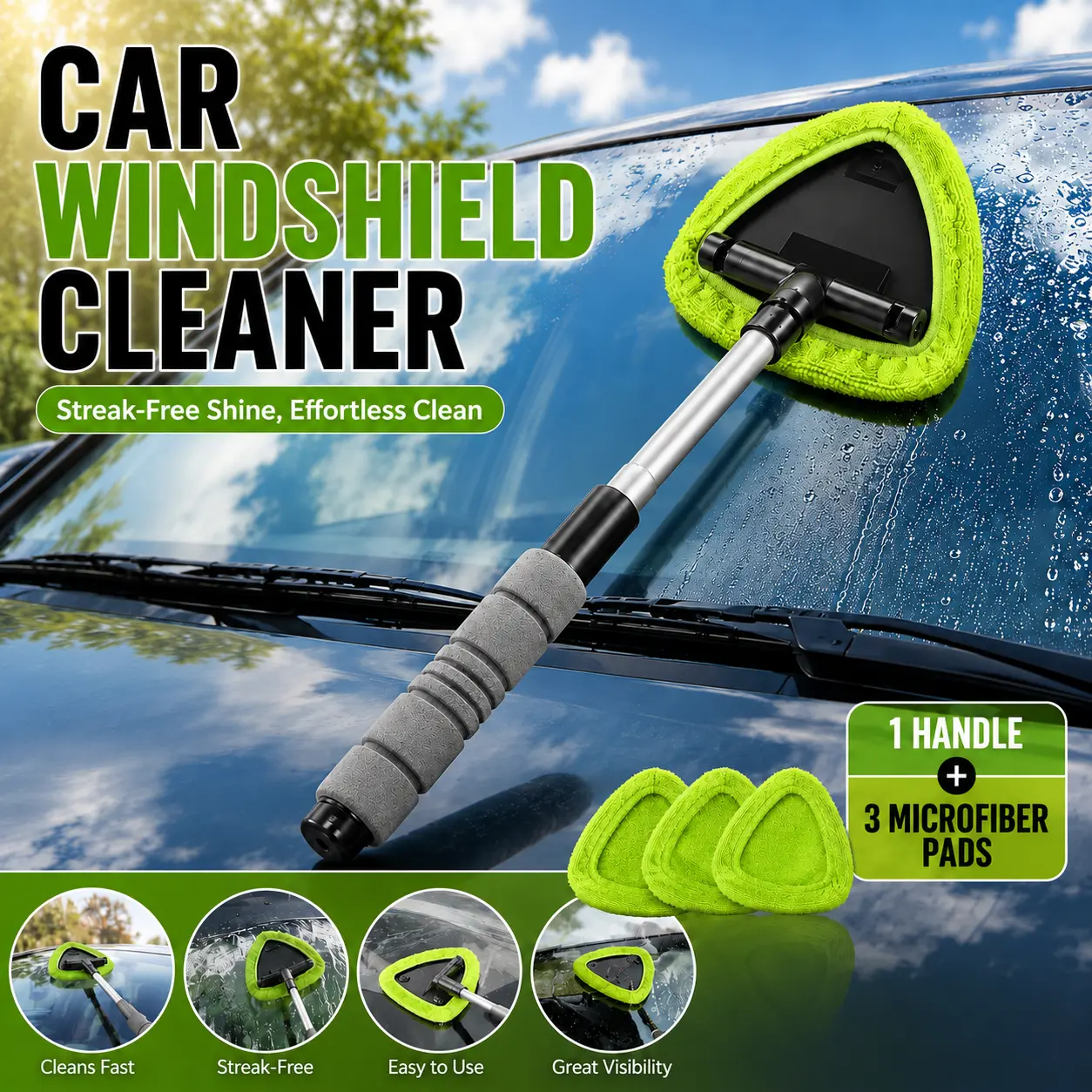Extendable Car Windshield Cleaner Tool – 3 Reusable Microfiber Pads, Streak-Free Interior & Exterior Glass Cleaning, Washable No-Chemical Auto Detailing Kit