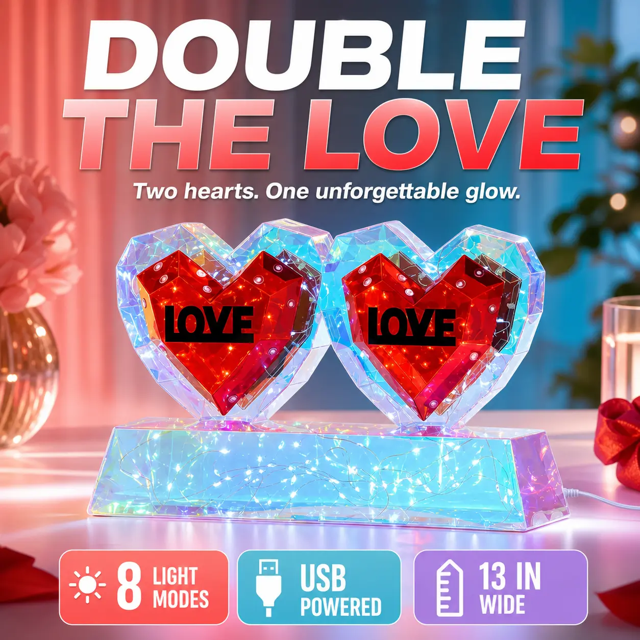 USB-Powered Red Double Heart LED Light, 8 Lighting Modes, Romantic Tabletop Lamp for Bedroom, Anniversary, Wedding and Valentine’s Day Decor