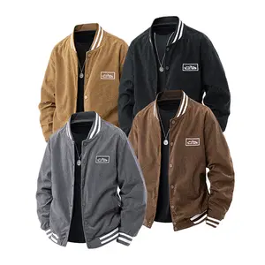 Men's Corduroy Bomber Jacket - Multi-color optional, striped hemming, button closure, stylish logo details, trendy autumn and winter outerwear, ideal for casual fashion