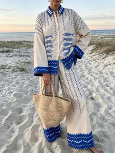 Fish Print Sun Protection Blouse and Wide Leg Pants Set, Loose Fit Vacation Casual Two-Piece, Comfortable and Stylish