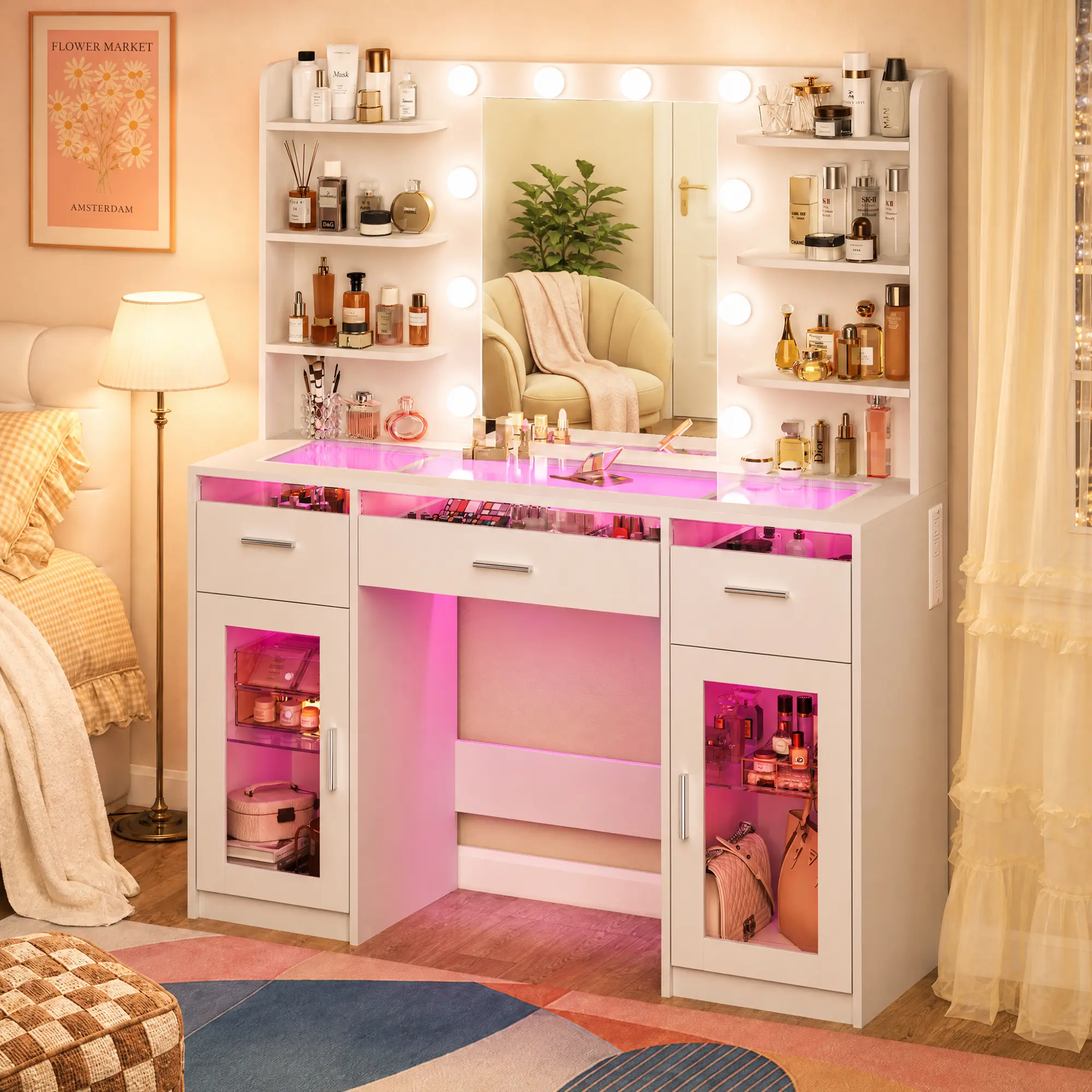 Vanity Desk, Makeup Vanity Desk with Mirror and Lights 3 Colors, Transparent Top with 3 RGB Drawers, 6 Shelves, 2 Large Tempered Cabinets, Power Outlet, for Bedroom, White