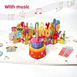New 3D birthday cake greeting card with musical lights and a blow-out design, plus added congratulatory message