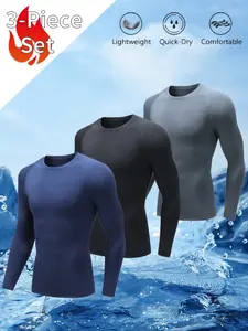 3-Piece Men's Sports Top Set Long-Sleeved T-Shirt Thin Breathable Sweat-Wicking Solid Color Crew Neck High Elasticity American Style Street Boyfriend Style for Fitness Cycling Night Running Comfortable Menswear Day