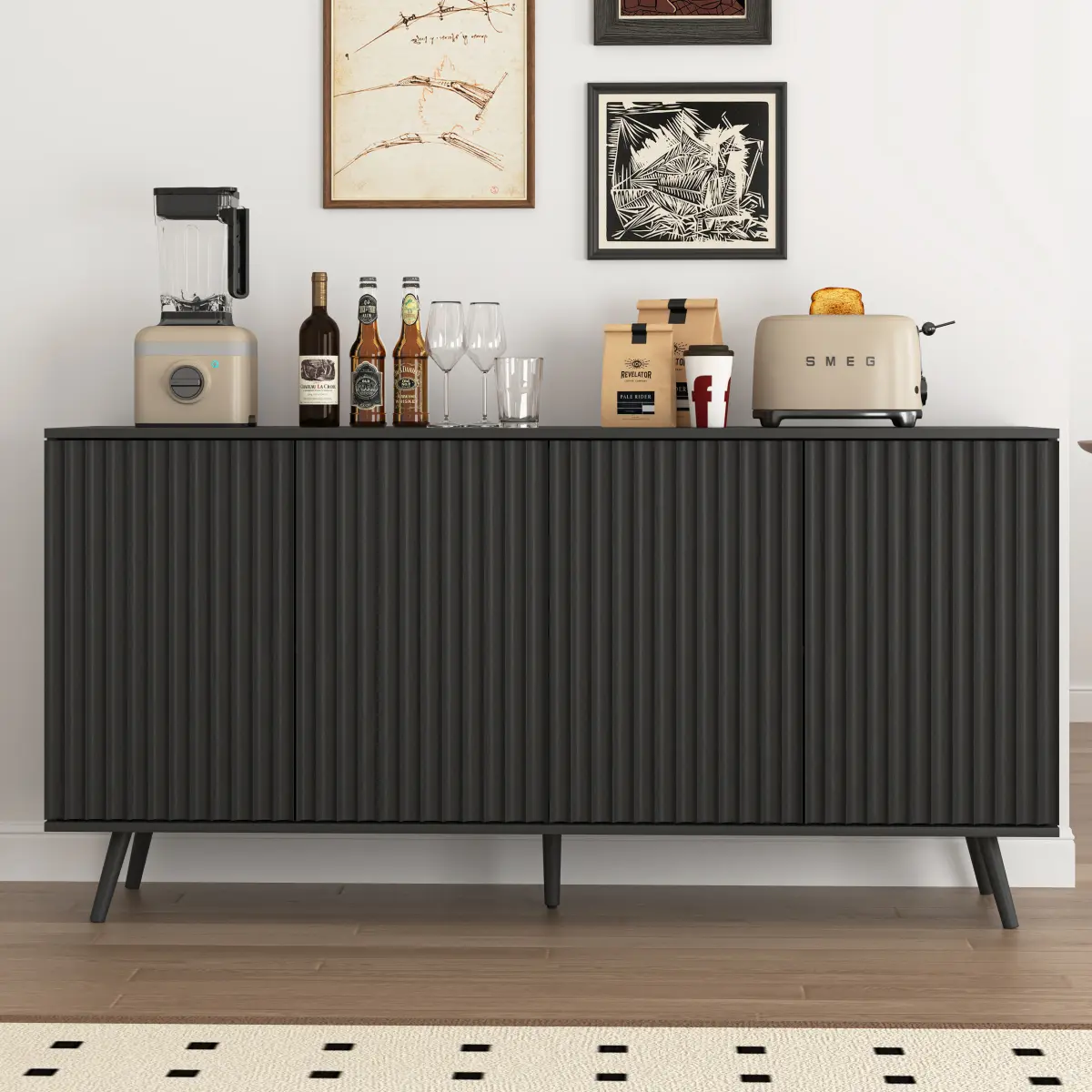 Fluted Buffet Sideboard Cabinet with Storages,59" Large Modern Buffet Table Coffee Bar Wine Bar Storage Cabinet with Adjustable Shelves for Kitchen, Living Room,Entryway(Black)