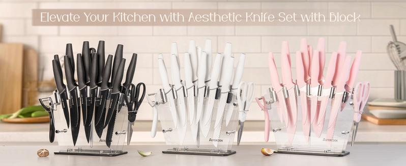 Astercook Kitchen Knife Set with Block, 17 PCS High Carbon Stainless Steel Sharp Serrated Steak Knives Set, Chef Knives, Bread Knife, knives  set