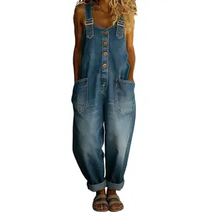 Women’s Vintage Denim Overalls Loose Fit Adjustable Strap Jumpsuit Casual Washed Wide Leg Romper Summer Outfit Soft Durable Fabric Womenswear