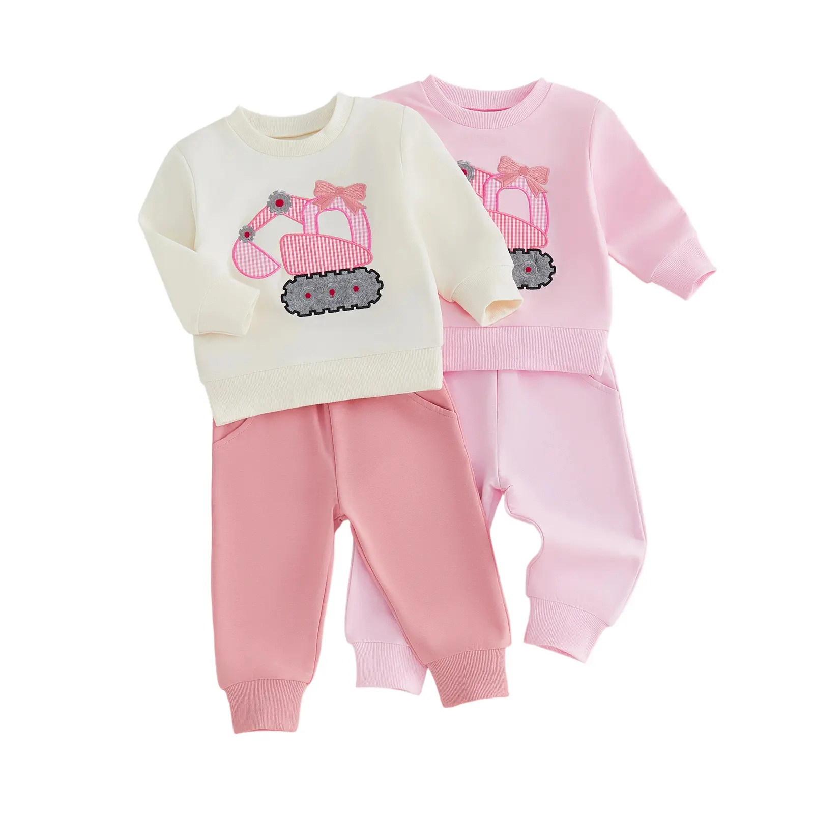 Toddler Baby Little Girls 2PCS Pants Sets Long Sleeve Excavator Embroidery Pullover Drawstring Pants 1-5 Years