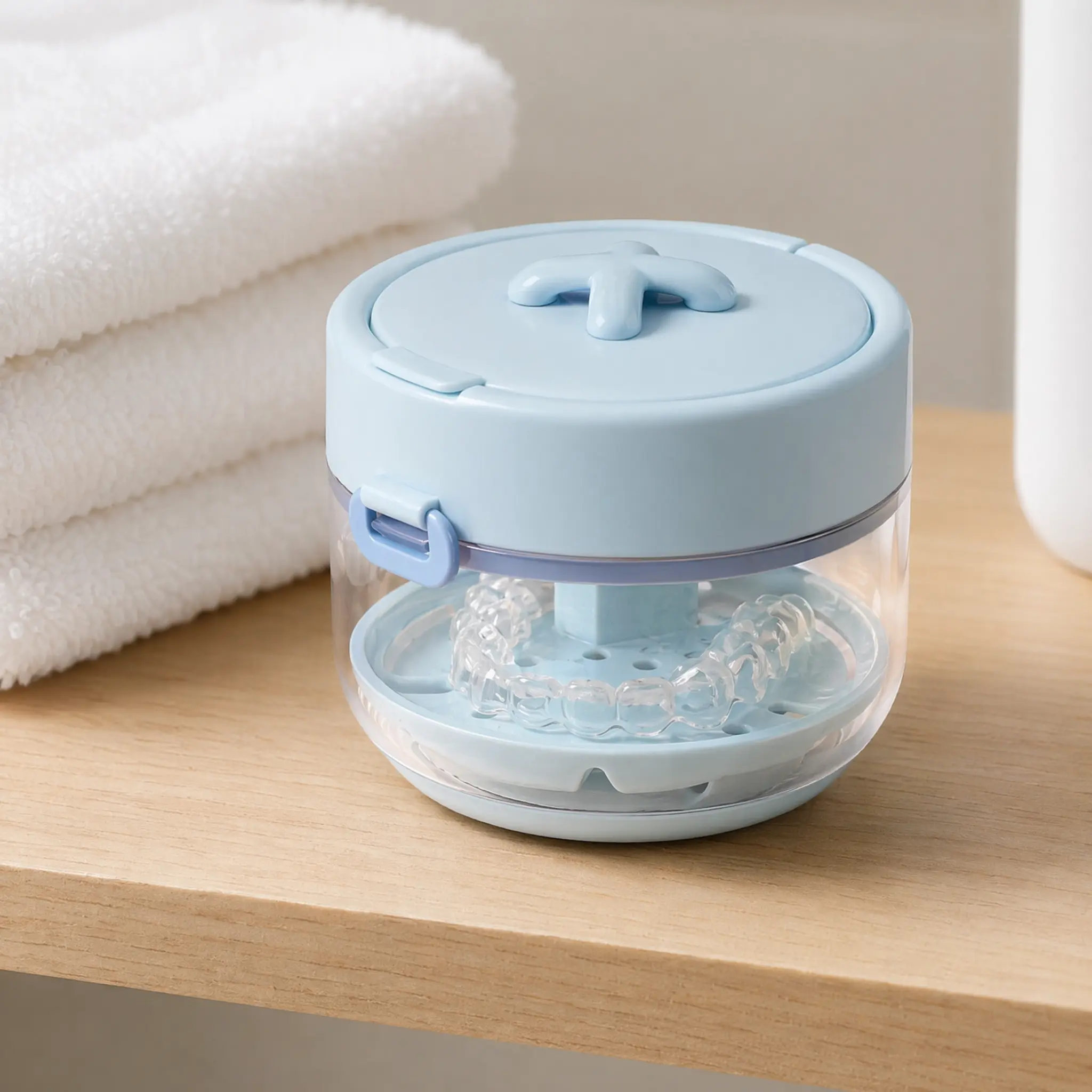 Retainer Bath Cleaner Case with Drain Basket, Sealed Storage Soak Container, Portable Denture Cleaning Box, Suitable for Invisible Aligners Night Guards Travel Home Use-MM3