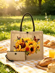Sunflower Butterfly Print Tote Bag Set, Mini Wallet & Makeup Pouch, Casual All-Season Tote, Ideal for Travel, School, Daily Use