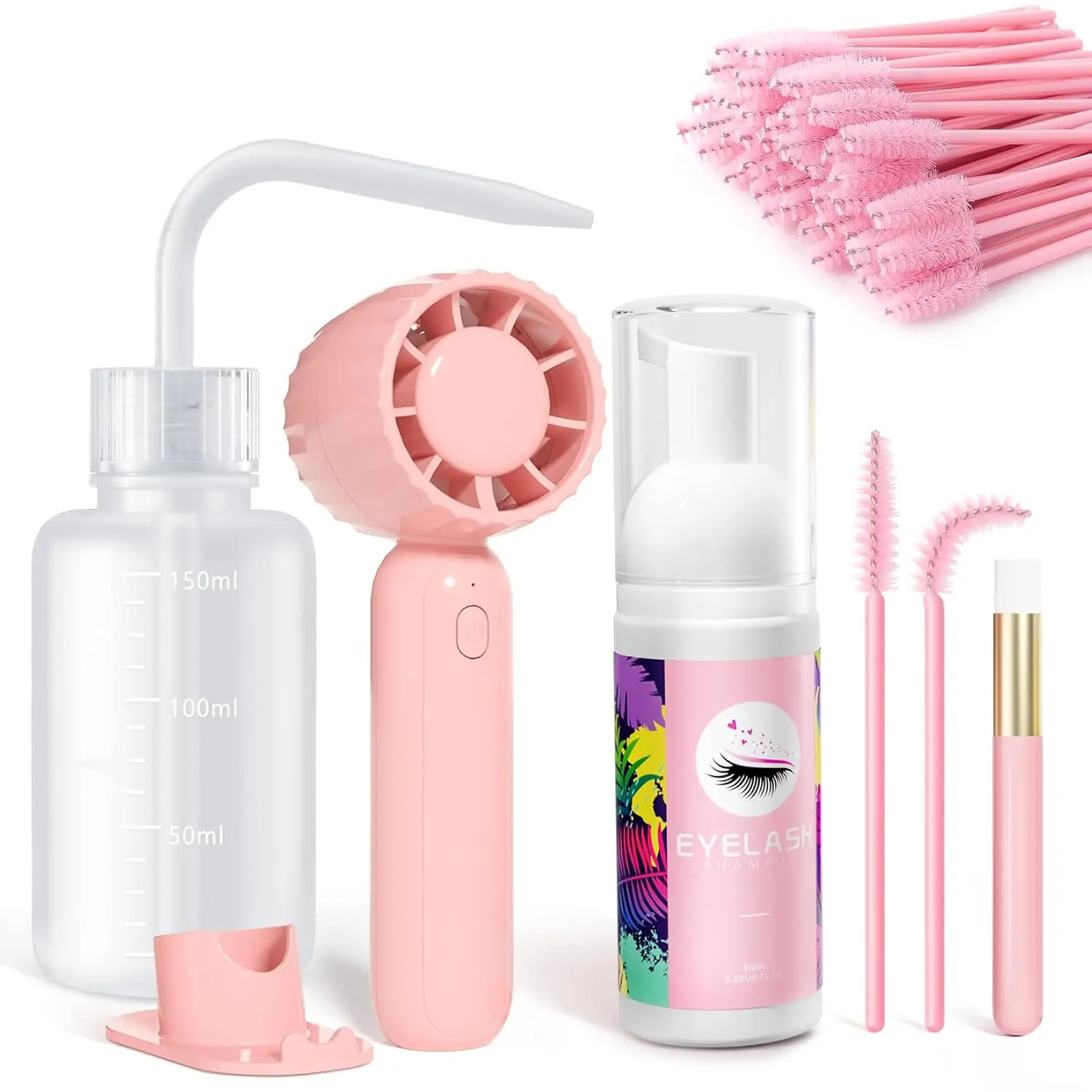 Lash Cleaning Kit-Eyelash Extension Cleanser for Extensions 60ML Lash Shampoo with Rechargeable Handheld Lash Fan Dryer Mascara Brush Rinse Bottle Makeup Cleansing Foam for Lash Care Cosmetic,summerwins