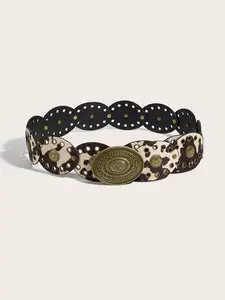 Women's Wide Textured Belt Boho Style Leather Vintage Copper Rivet Western Faux Fur Cowhide Pattern Casual Formal Fashion Accessory