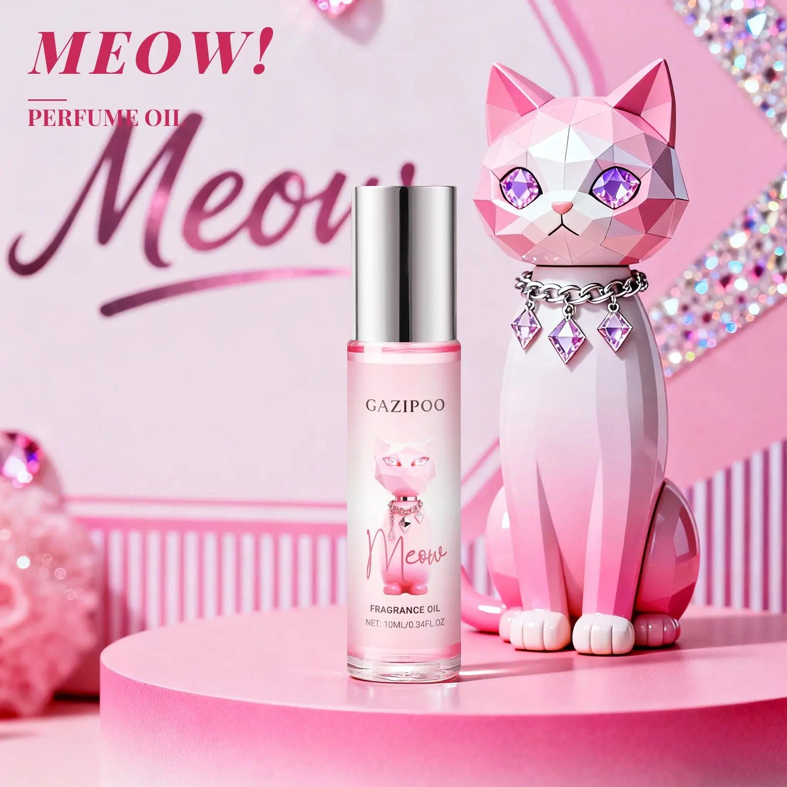 Cat-Themed Meow Roll-On Perfume Oil 10ML, Long-Lasting Light Fragrance, Portable Mini Size, Ideal Gift for Friends, Students & Office Ladies