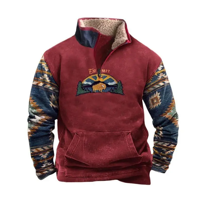 Men's Aztec Graphic Pullover Half-Zip Sweatshirt with Front Pocket - Sweaters, Menswear Men's Aztec Graphic Pullover Half-Zip Sweatshirt with Front Pocket - Sweaters, Menswear